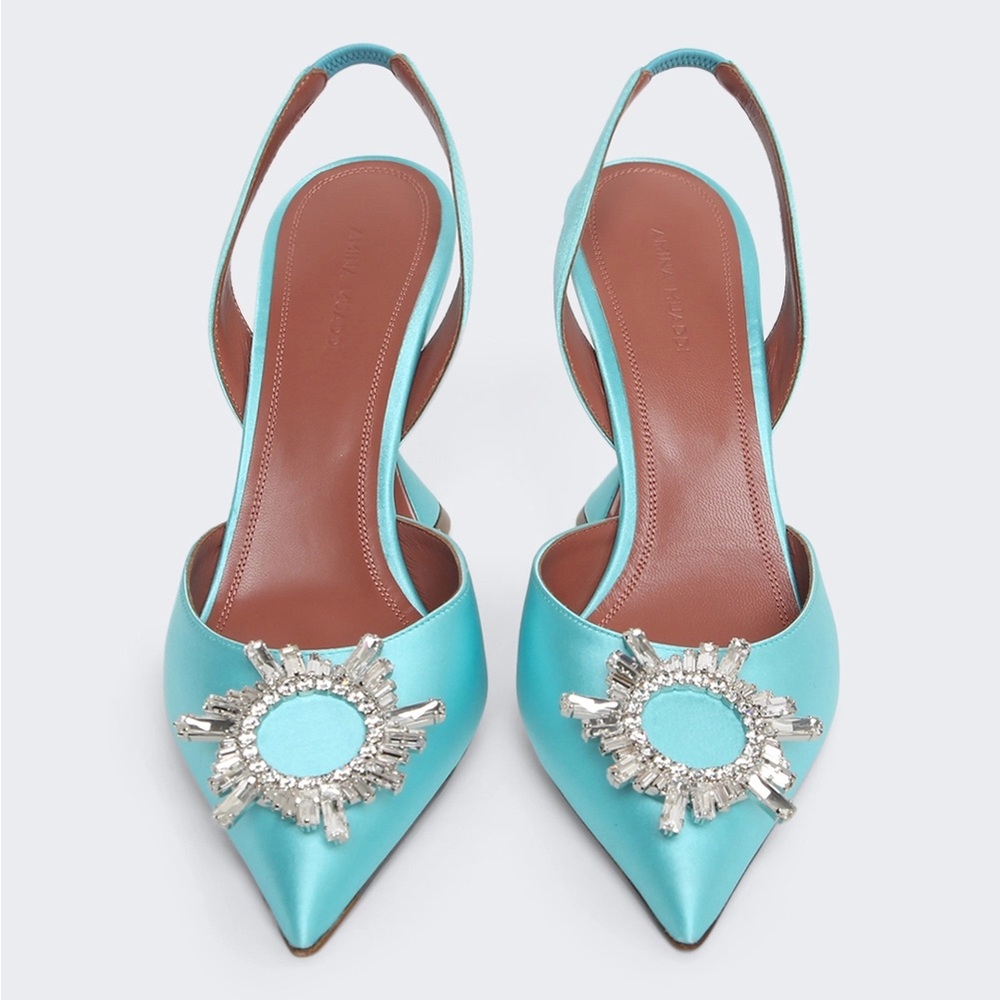 Amina Muaddi Begum Satin Slingback Pumps in Turquoise